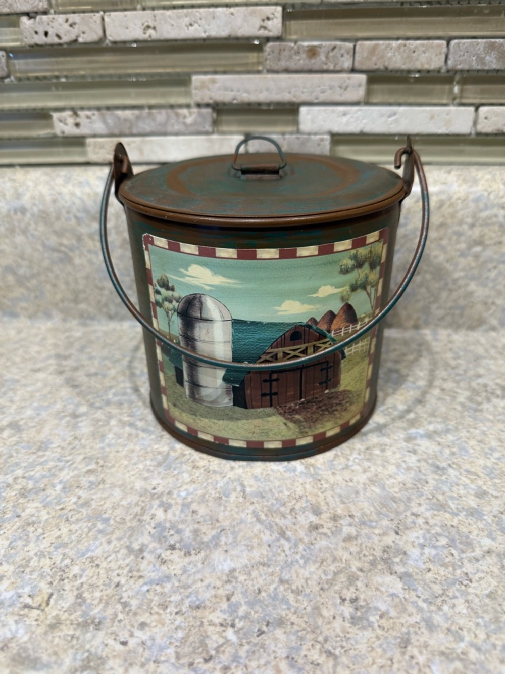 Source Unknown Rustic Farmhouse Metal Pail in Brown and Green